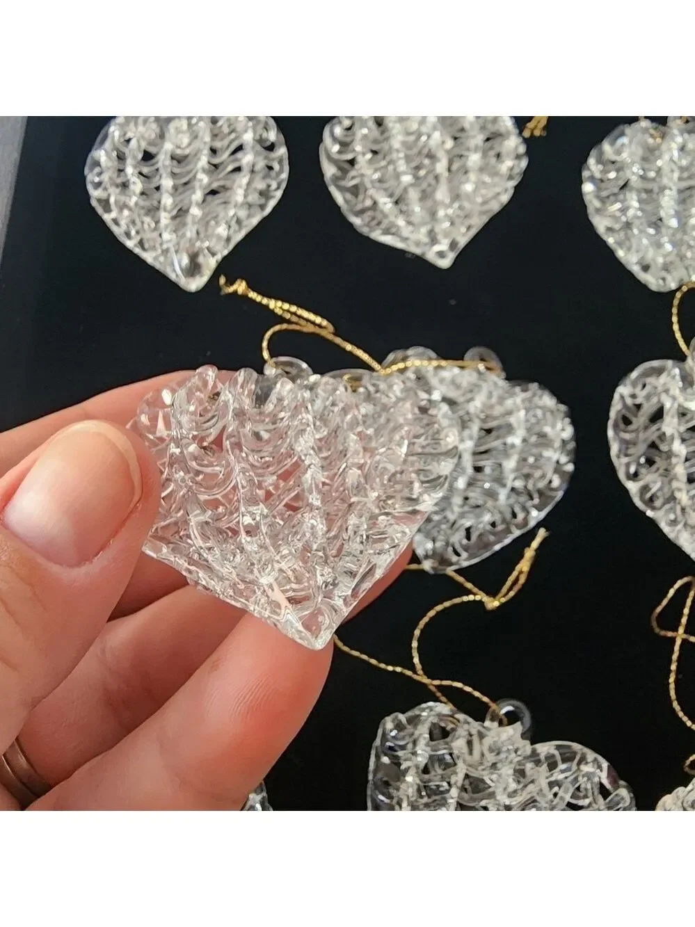 Vtg set 12 hand spun glass lattice heart ornaments